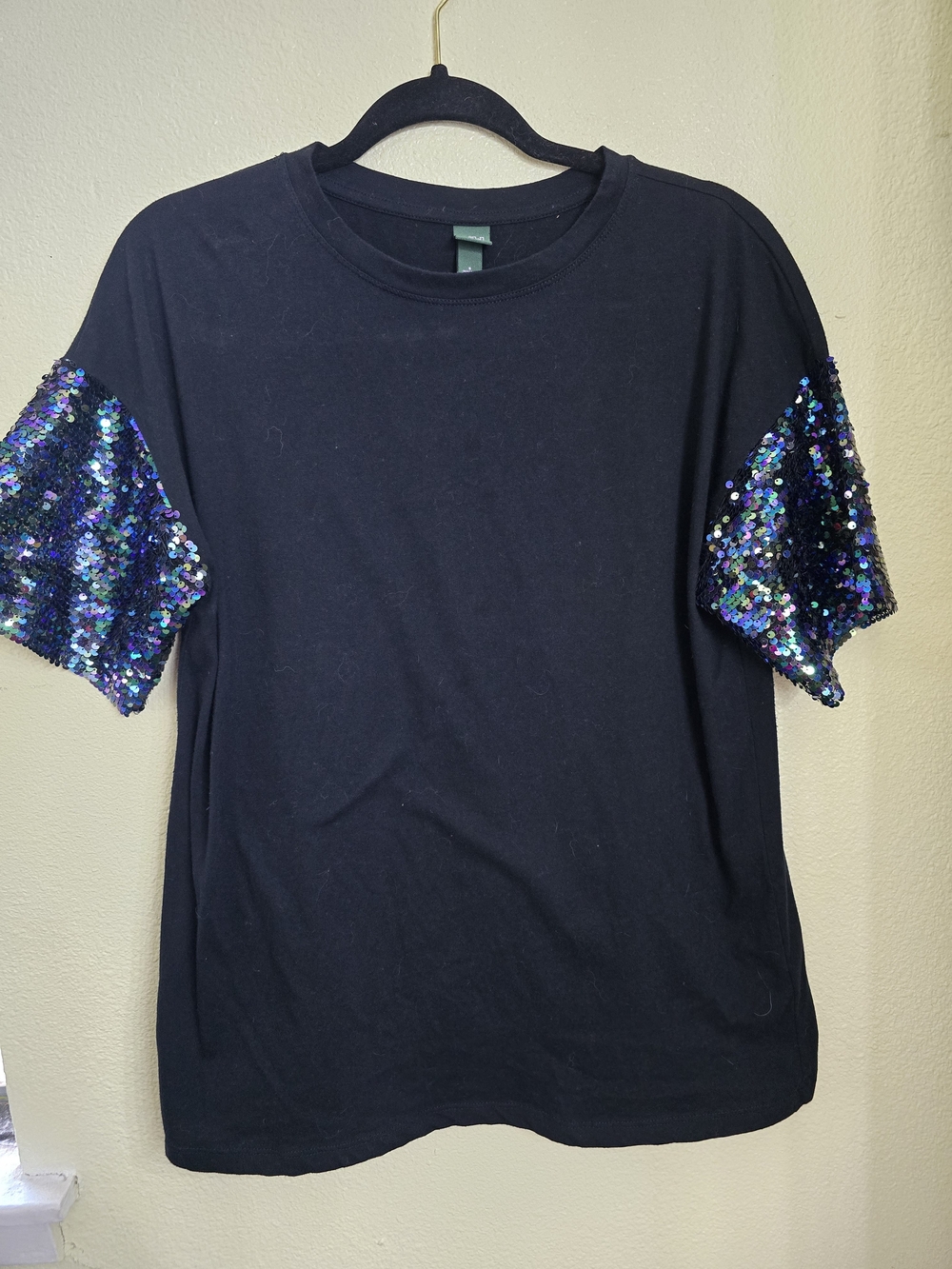wild fable Black Tee with Iridescent Sequin Sleeve Accents
